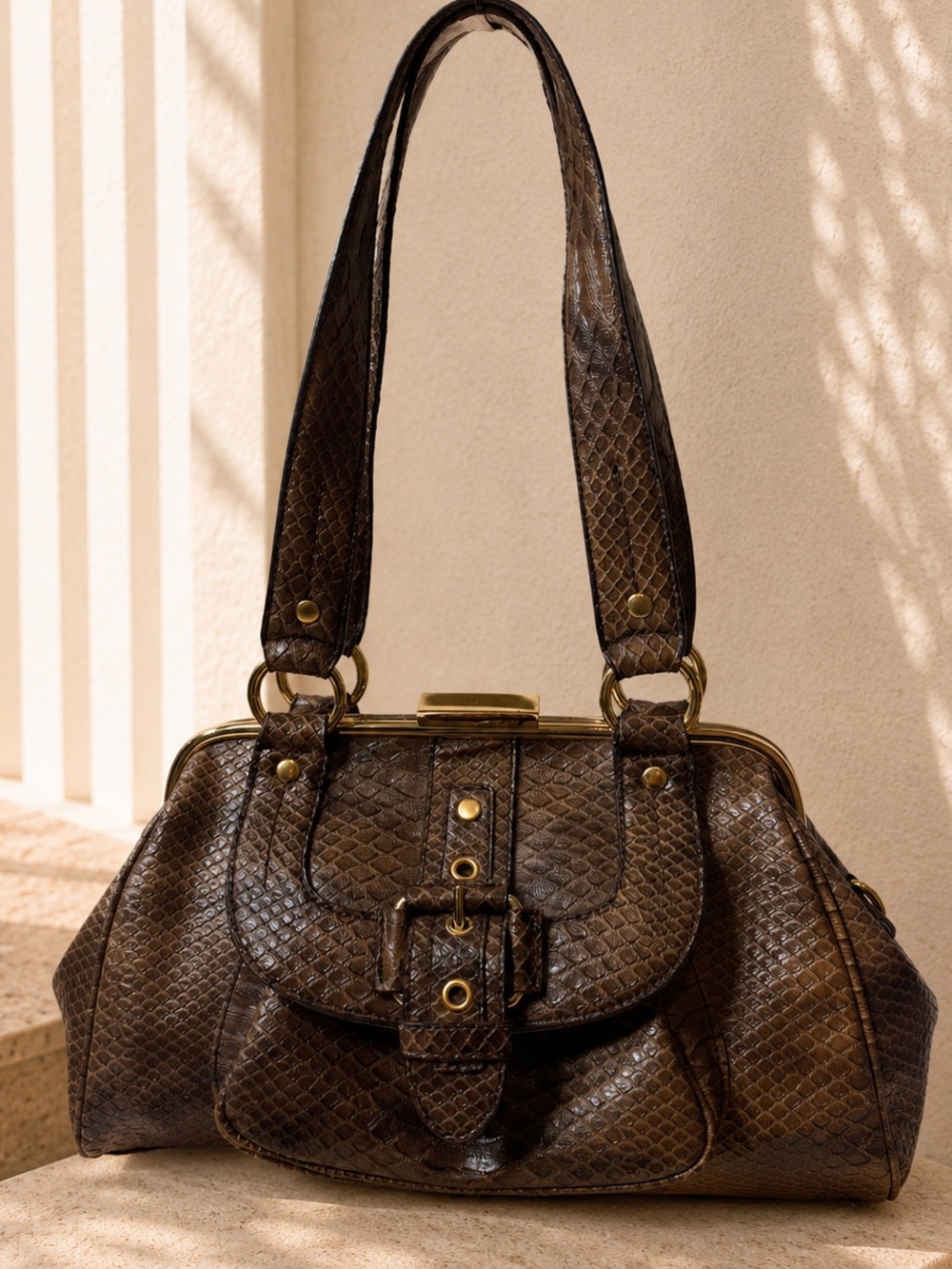 Nine West Brown Snakeskin Embossed Frame Satchel Shoulder Bag - Picture 2 of 5